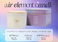 THE MINDFUL COLLECTIVE’s Air Elements Candle 12oz sits beside its purple box, listing air signs: Gemini (May 22–Jun 21), Libra (Sept 24–Oct 23), and Aquarius (Jan 21–Feb 20)—ideal for any Air Signs Candle collection.