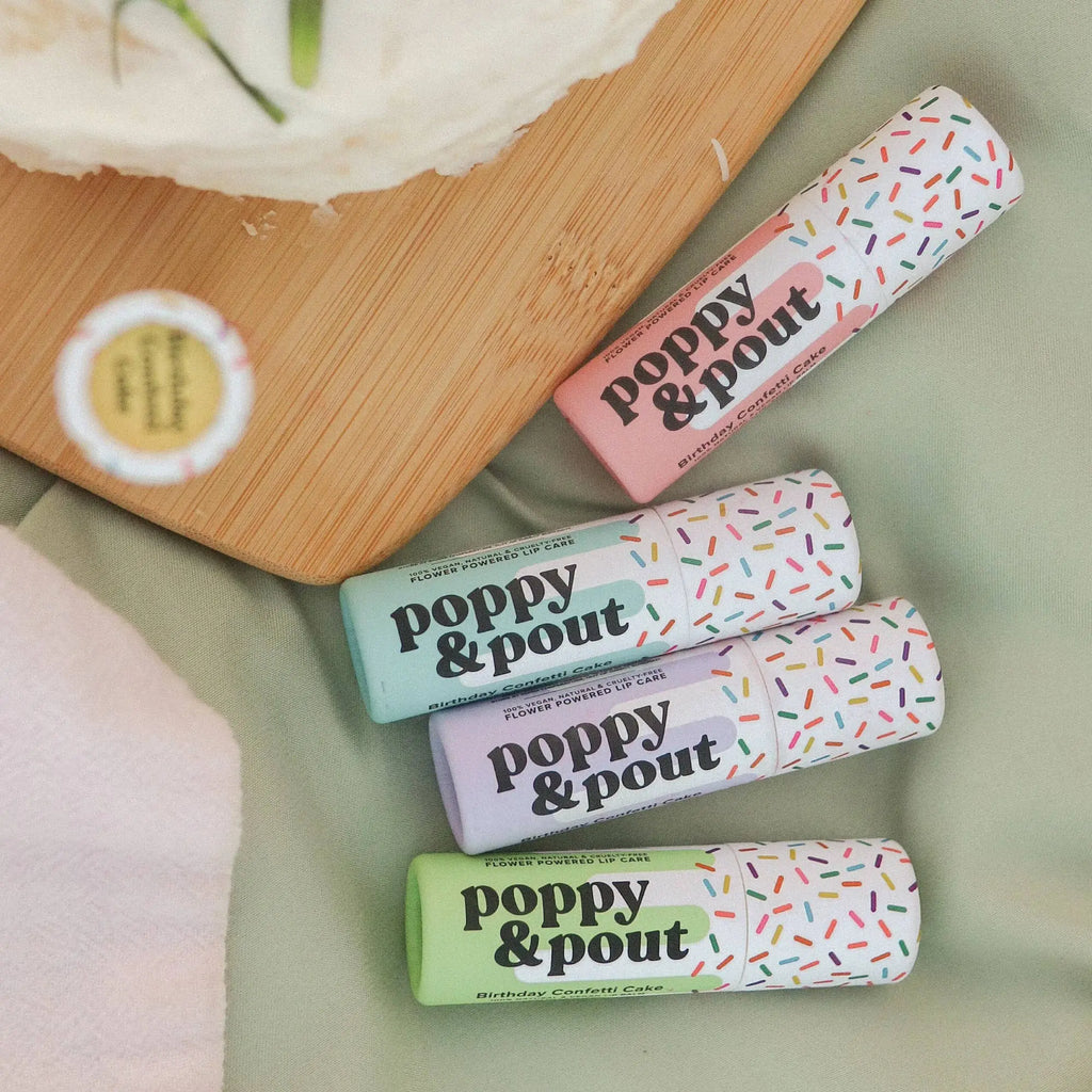 Poppy & Pout Lip Balm, Birthday Confetti Cake, Pink Poppy & Pout