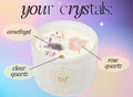 THE MINDFUL COLLECTIVEs Air Elements Candle 12oz features amethyst, rose quartz, and clear quartz crystals embedded in the wax, each labeled with curved text on a pastel gradient—ideal as a zodiac candle for air signs.