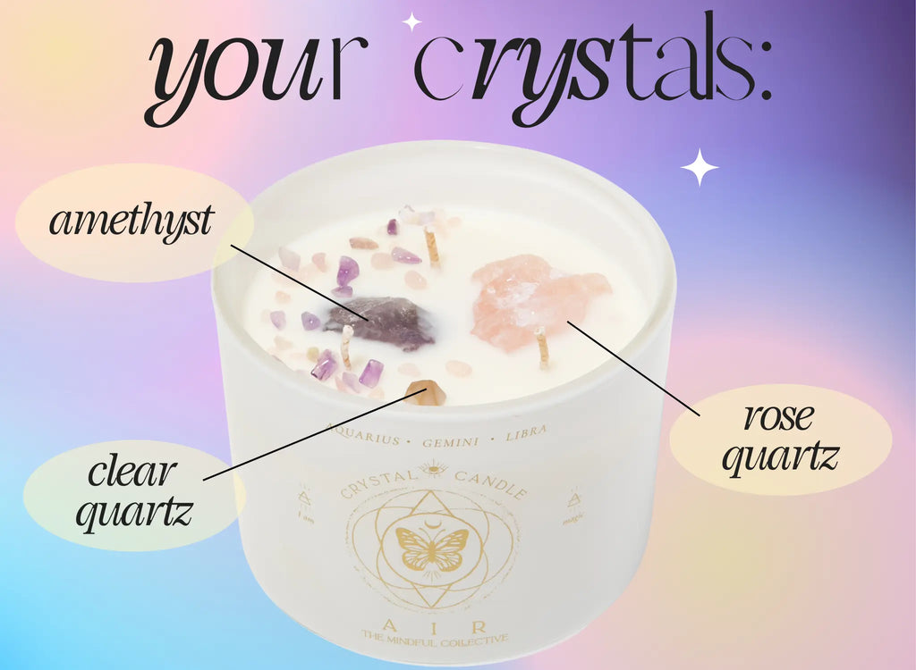 THE MINDFUL COLLECTIVEs Air Elements Candle 12oz features amethyst, rose quartz, and clear quartz crystals embedded in the wax, each labeled with curved text on a pastel gradient—ideal as a zodiac candle for air signs.
