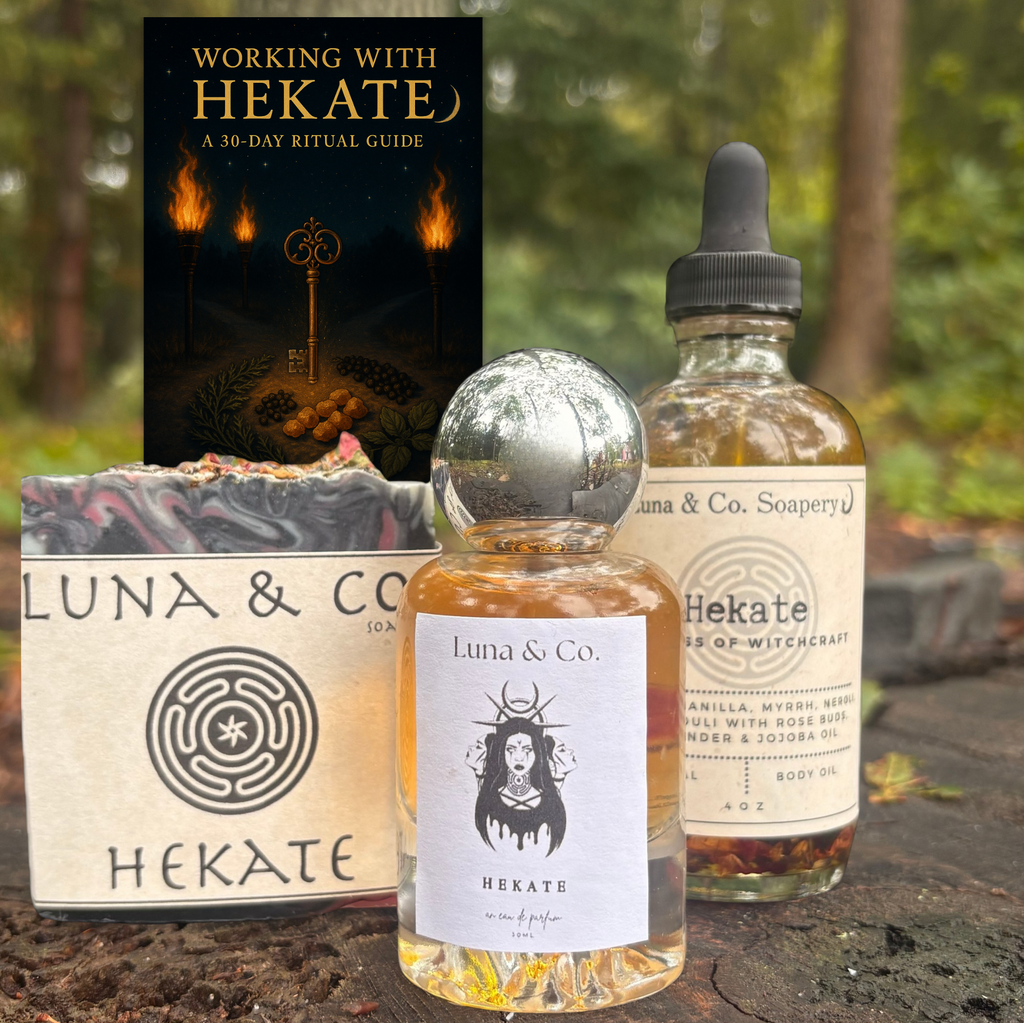 Hekate Dark Goddess Bundle. Amber, Vanilla, Myrrh, Neroli, Patchouli, Rose, Lavender, Jojoba.