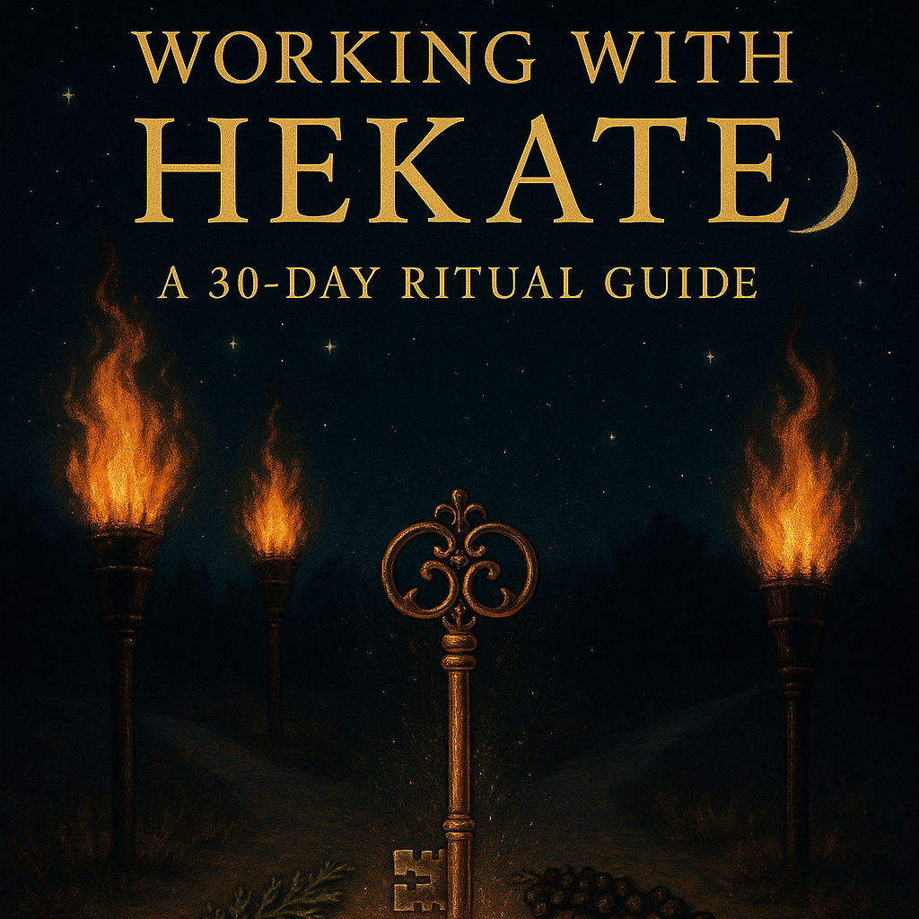 Mystical book cover showing three burning torches at a moonlit crossroads under a starry midnight sky. In the center, a glowing antique skeleton key floats above a ritual circle made of cypress, black peppercorns, myrrh resin, and patchouli leaves. A golden crescent moon hangs above, with deep blacks, blues, and amber tones creating a sacred, reverent atmosphere.