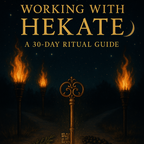 Mystical book cover showing three burning torches at a moonlit crossroads under a starry midnight sky. In the center, a glowing antique skeleton key floats above a ritual circle made of cypress, black peppercorns, myrrh resin, and patchouli leaves. A golden crescent moon hangs above, with deep blacks, blues, and amber tones creating a sacred, reverent atmosphere.