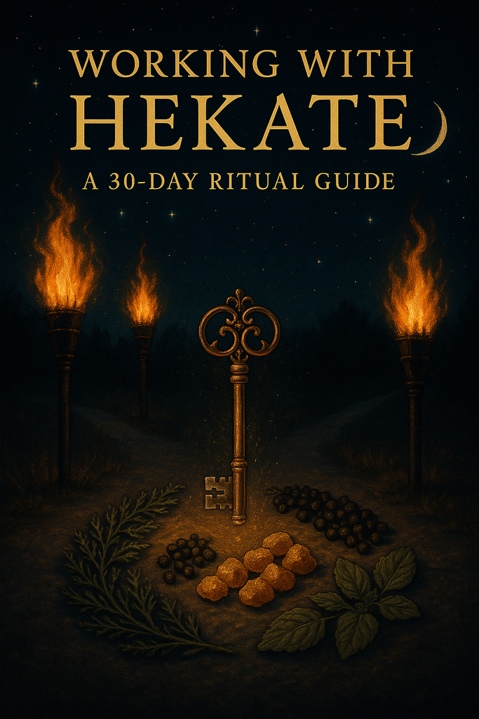 Mystical book cover showing three burning torches at a moonlit crossroads under a starry midnight sky. In the center, a glowing antique skeleton key floats above a ritual circle made of cypress, black peppercorns, myrrh resin, and patchouli leaves. A golden crescent moon hangs above, with deep blacks, blues, and amber tones creating a sacred, reverent atmosphere.