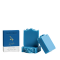 Blue soap bars with a blue box labeled 'Lulu & Co. Soapery' on a white background