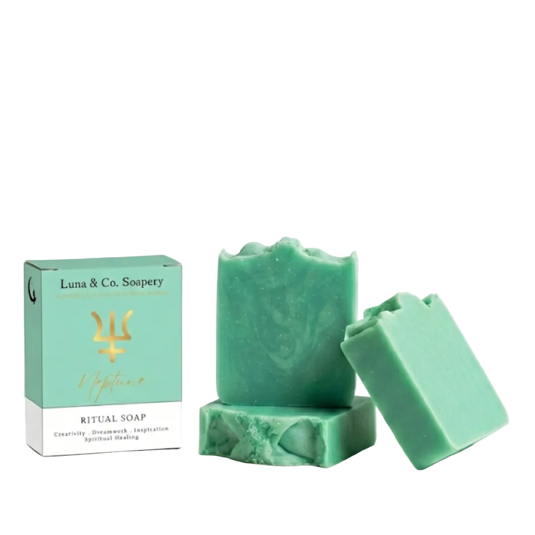 Green soap bars with packaging on a white background