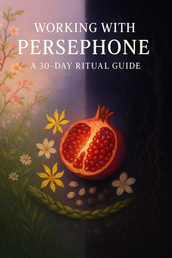 Ethereal book cover split vertically between spring and underworld realms. The left side shows soft pink blossoms and green leaves in gentle morning light; the right side fades into dark purples and black soil with roots and a pomegranate spilling glowing seeds. At the center, a luminous pomegranate bridges both worlds, surrounded by floating flowers and sweetgrass, symbolizing transformation and duality.