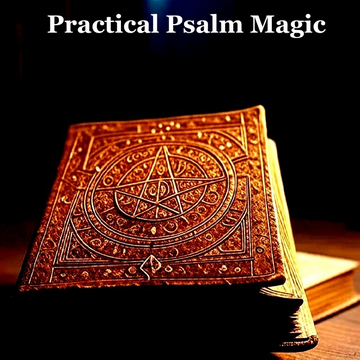 A book titled Practical Psalm Magic from Luna & Co. Soapery, featuring an embossed pentagram cover, sits on a wooden surface with its title in white letters—an invitation to discover ancient spiritual techniques.