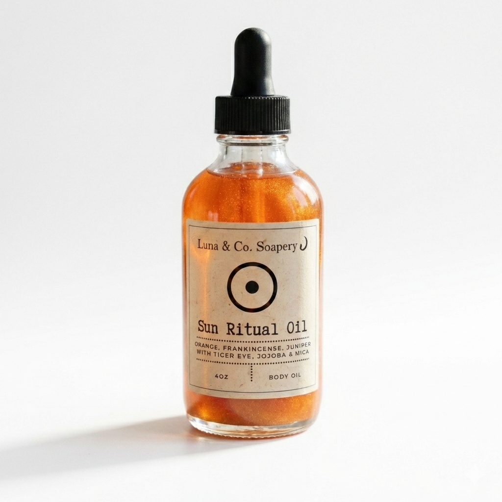 Bottle of Luna & Co. Soapery Sun Ritual Oil on a white background
