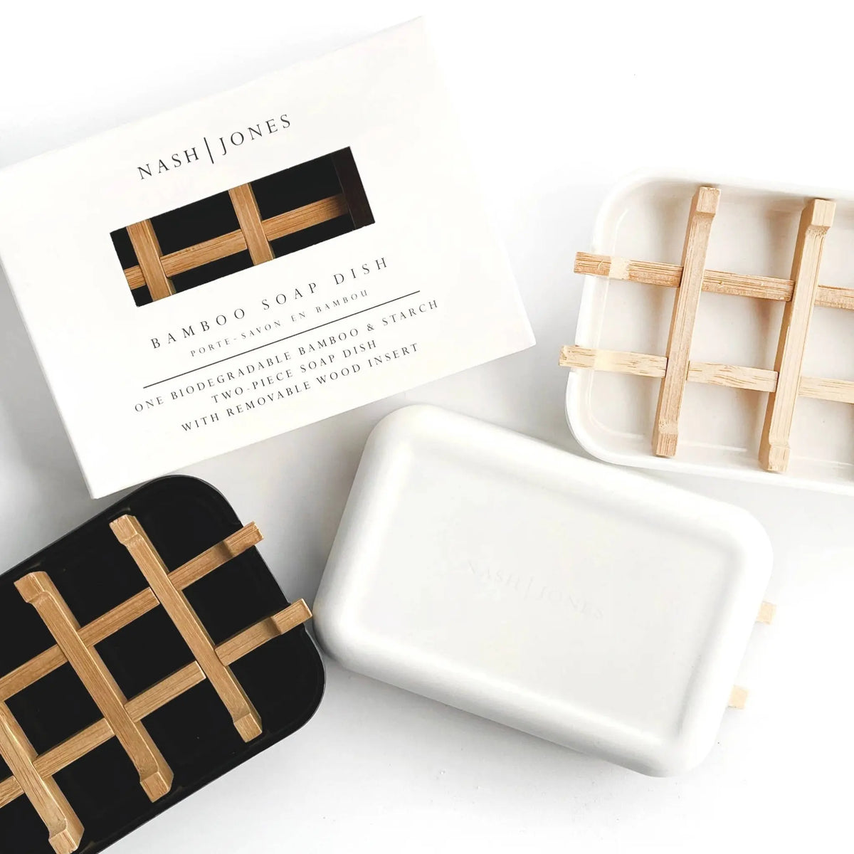 Nash and Jones Bamboo Soap Dishes: Black feature removable wooden inserts and come in eco-friendly packaging, adding a stylish, sustainable touch to your sink or shower.