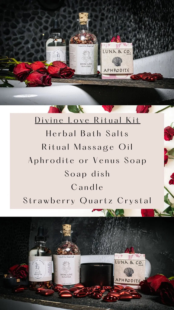 A luxurious bath scene with red roses, bath salts, ritual oil, soap, candle, and a crystal by the tub highlights Luna & Co. Soapery’s Divine Love Ritual Kit—self-love essentials for your ultimate bathing ritual.