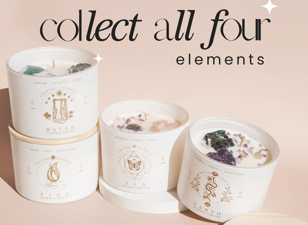The MINDFUL COLLECTIVE’s Earth Elements Candle 12oz set features four white jar candles—Water, Fire, Air, and Earth—each with crystals and labeled for Taurus, Virgo, or Capricorn. “Collect all four elements” appears in stylish text above.