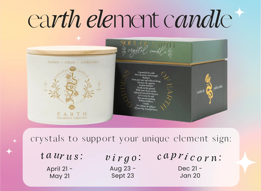 The MINDFUL COLLECTIVE’s Earth Elements Candle 12oz and its decorative box are shown on a pastel gradient background. The candle displays Taurus, Virgo, and Capricorn with their dates as the featured earth signs.