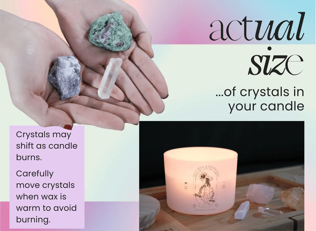 Two hands hold four crystals above a pastel background with text, “actual size of crystals in your Earth Elements Candle 12oz by THE MINDFUL COLLECTIVE.” Below, the lit candle and crystals rest on a wooden tray. Candle crystal safety tips are included.
