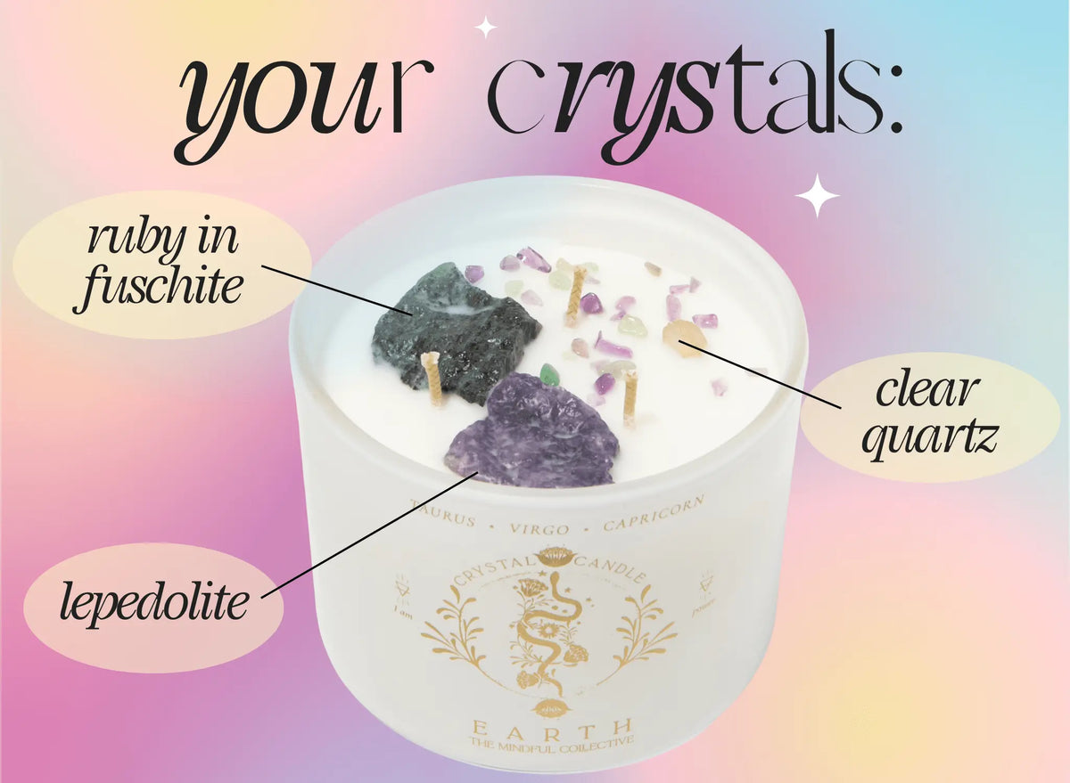 The Earth Elements Candle 12oz by THE MINDFUL COLLECTIVE is a white crystal candle in a stylish jar, topped with green ruby in fuschite, purple lepidolite, and clear quartz—ideal for Taurus, Virgo, and Capricorn. Pastel rainbow background with labeled text included.