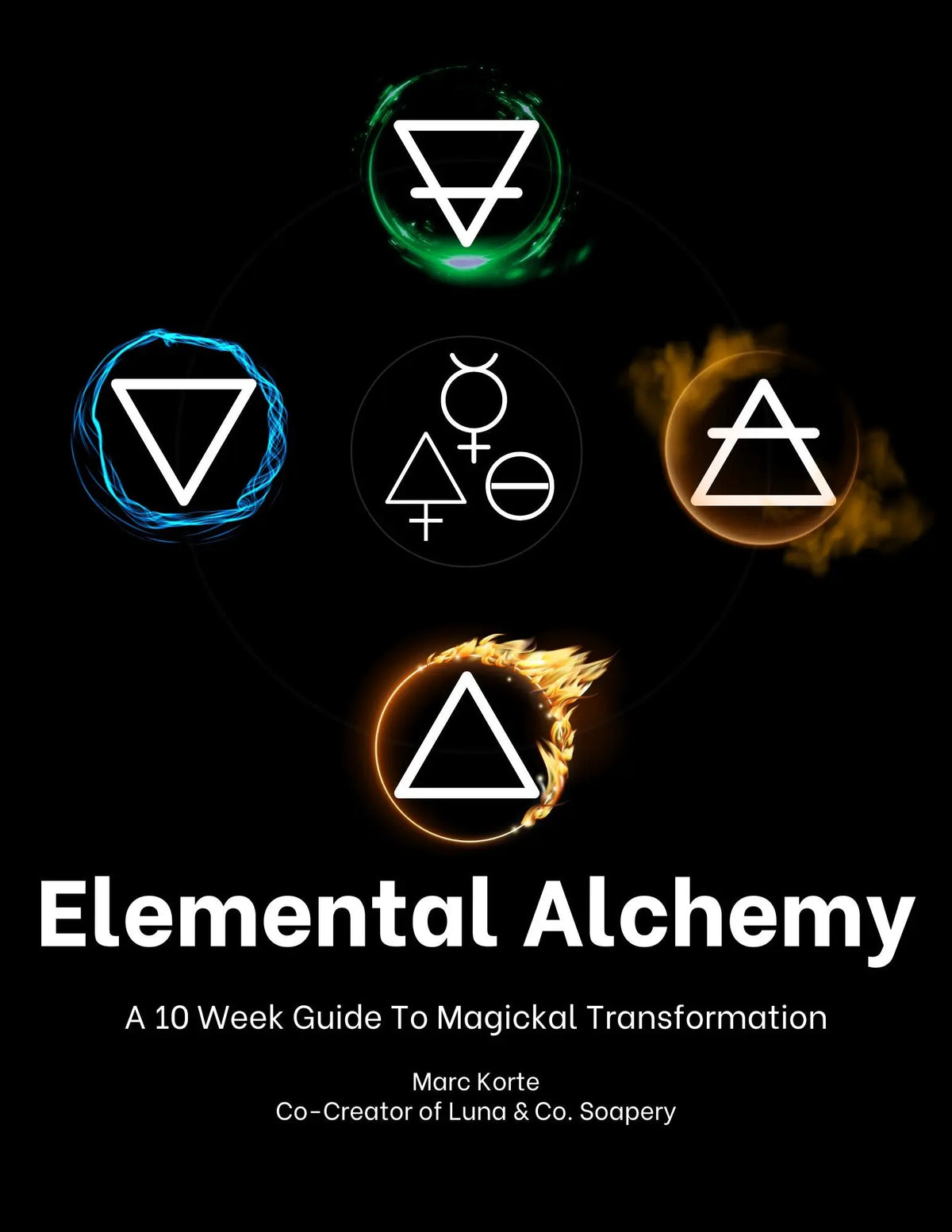 Elemental Alchemy - Lesson 2 by Luna & Co. Soapery features five elemental symbols encircled by vibrant energy—ideal for those seeking new meditation techniques in their magickal practice.