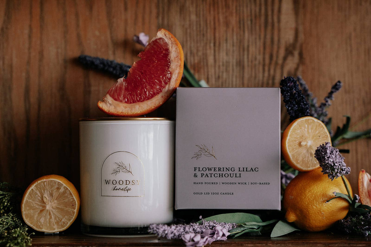 Flowering Lilac & Mimosa l Gold Lid Candle & Boutique Box - Luna & Co. SoaperyWoodsy HomelifeLuna & Co. Soapery