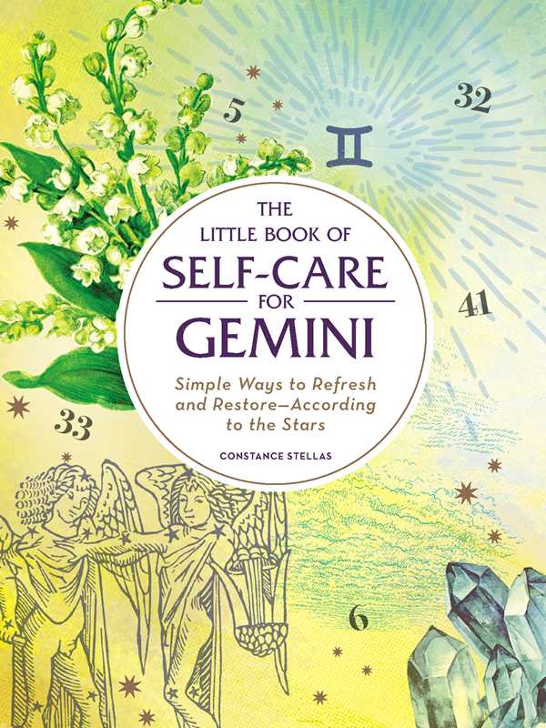 Hardcover cover of Little Book of Self-Care for Gemini by Constance Stellas (Simon & Schuster), with zodiac self-care icons, stars, crystals, lilies of the valley, and two angelic figures on a yellow-green background. 160 pages; English.