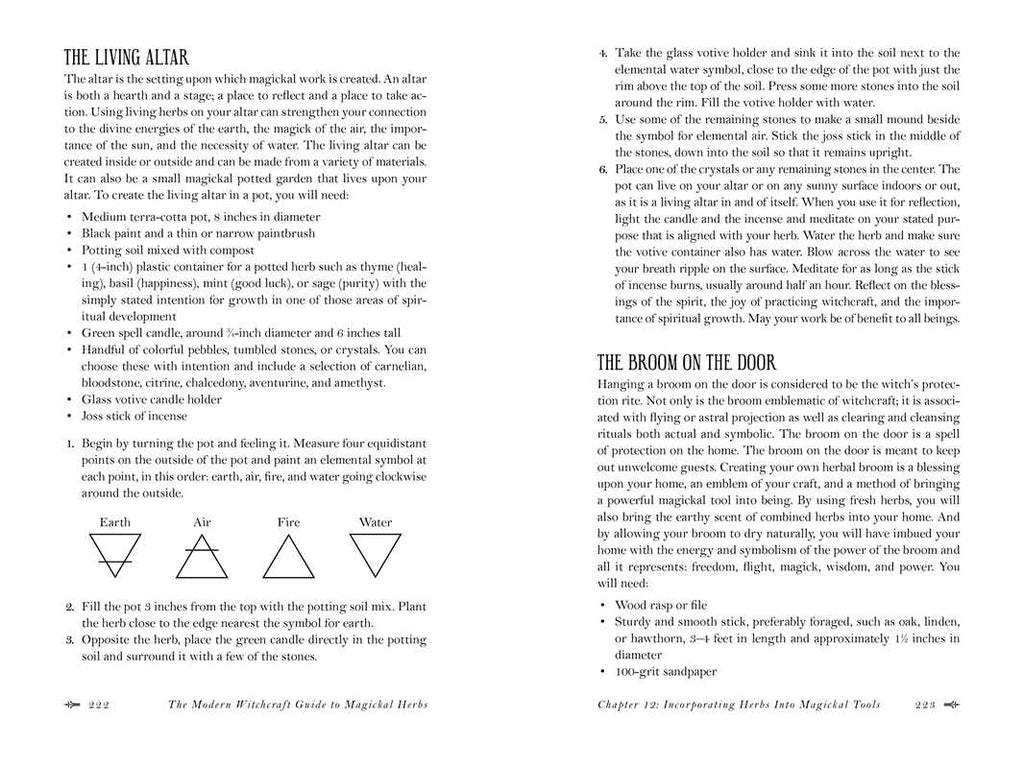 A page from Modern Witchcraft Guide to Magickal Herbs by Judy Ann Nock (Simon & Schuster) shows how to create living altars, use a broom in witchcraft, and includes diagrams of earth and water altar planting patterns with magickal herbs.
