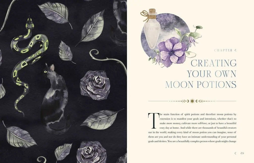 A spread from Moon Apothecary by Lorriane Anderson (Simon & Schuster) features watercolor art of a rat, snake, and roses on the left. The right introduces Chapter 4: Creating Your Own Moon Potions, with a lunar self-care theme.