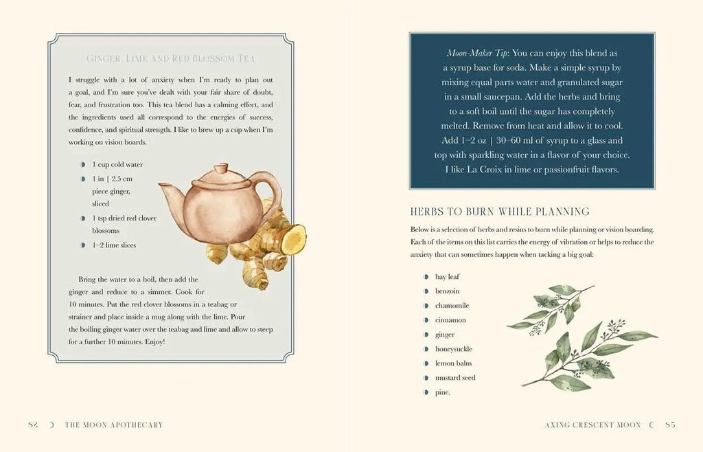 Two pages from Moon Apothecary by Lorriane Anderson (Simon & Schuster) show a ginger tea recipe for lunar self-care, with a blue teapot illustration on the left and botanical drawings of spiritual herbs to burn on the right.