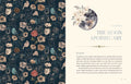 An open spread of Moon Apothecary by Lorriane Anderson (Simon & Schuster, hardcover, 272 pages) shows illustrated flowers on a dark page (left) and lunar self-care tips with white flowers above the title on a light page (right), page 15 visible.
