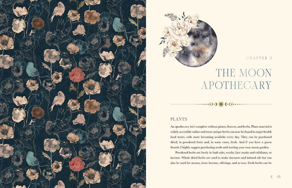 An open spread of Moon Apothecary by Lorriane Anderson (Simon & Schuster, hardcover, 272 pages) shows illustrated flowers on a dark page (left) and lunar self-care tips with white flowers above the title on a light page (right), page 15 visible.