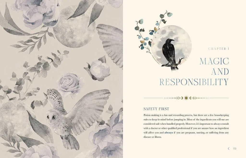 An illustrated spread from Moon Apothecary by Lorriane Anderson (Simon & Schuster) shows watercolor birds and flowers on the left, and on the right, chapter Magic and Responsibility with a crow, moon phase rituals, potion safety tips, and page 13.