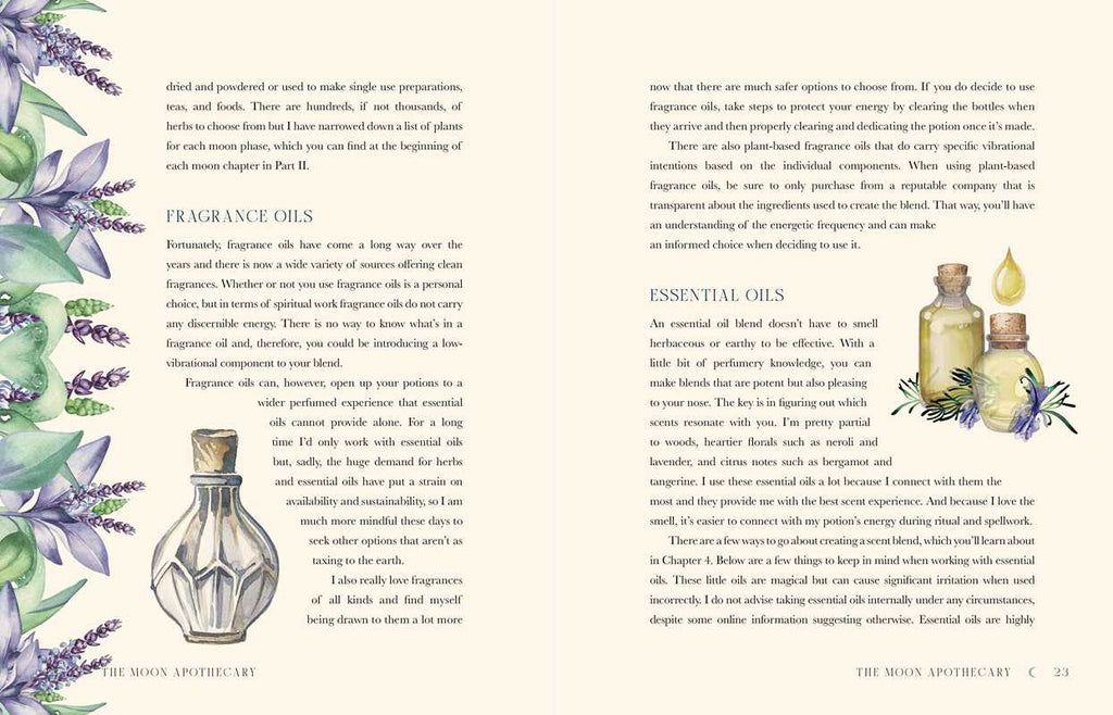 Moon Apothecary by Lorriane Anderson (Simon & Schuster, Hardcover, 272 pages) features floral-bordered spreads on fragrance oils, essential oils, and wellness recipes—plus photos of glass bottles amid fresh herbs and flowers.
