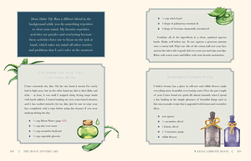 Moon Apothecary by Lorriane Anderson (Simon & Schuster, Hardcover, 272 pages) features illustrated spreads with spiritual wellness recipes like cucumber aloe water and infused drinks, shown with watercolor cucumbers, jars, and green botanicals on a light background.