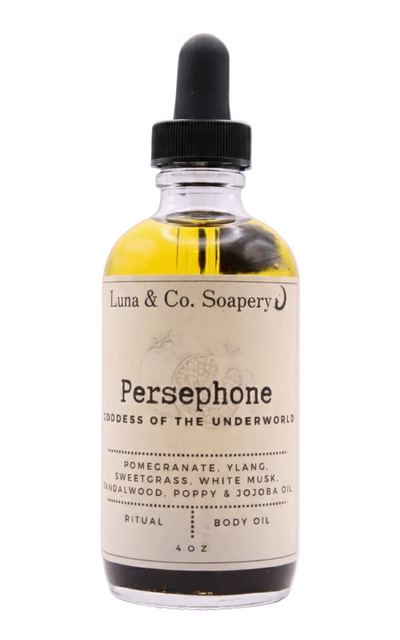 Bottle of Luna & Co. Soapery Persephone body oil on a white background
