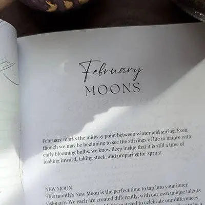 An open Soul Care Moon Journal by Bella deLuna, under sunlight, shows the February Moons section—text highlights this month as ideal for introspection and preparing for spring. Shadows and parts of a patterned item appear nearby.