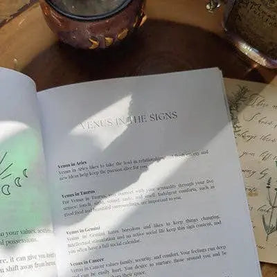 The Bella deLuna Soul Care Venus Journal rests on a wooden surface, sunlight casting leaf-shaped shadows on its cover. A handwritten letter and candle nearby set the mood—perfect for moments of reflection and self-discovery.